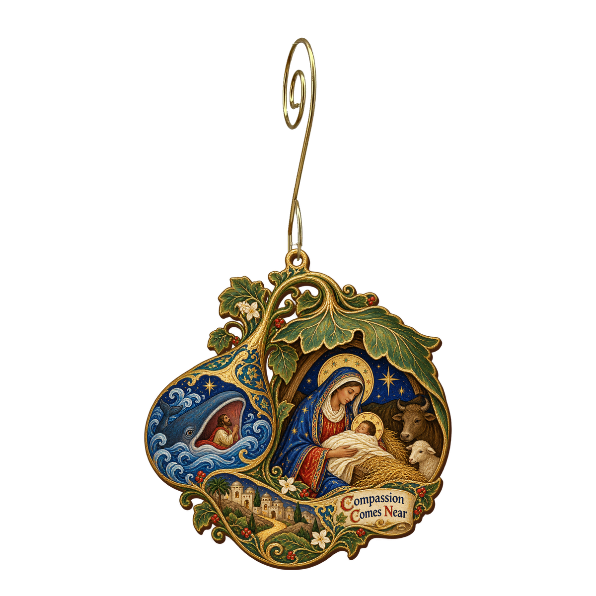 O757 — The Gourd's Shelter wooden Nativity ornament with gold spiral hook