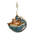 O758 — The Shore of Mercy wooden Nativity ornament with gold spiral hook