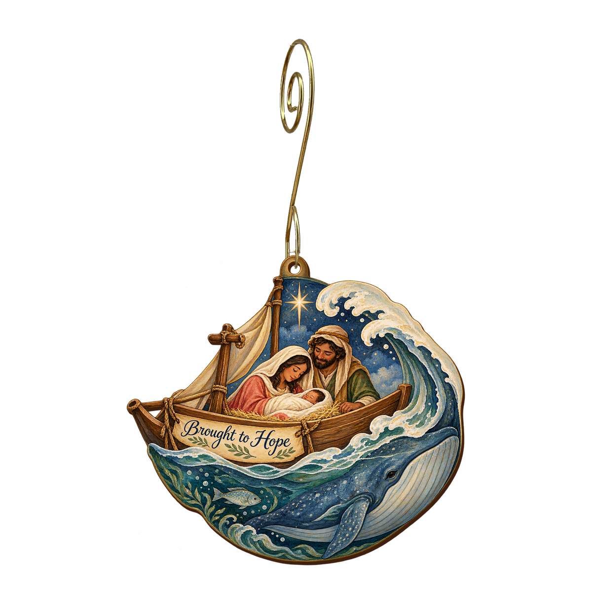 O758 — The Shore of Mercy wooden Nativity ornament with gold spiral hook