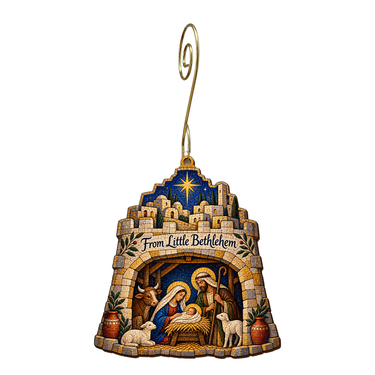 O759 — Bethlehem's Watchtower wooden Nativity ornament with gold spiral hook