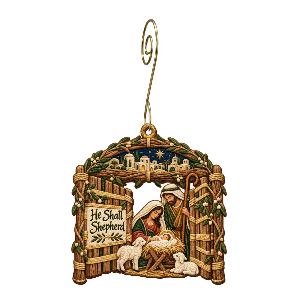 O760 — The Ruler's Shepherd Gate wooden Nativity ornament with gold spiral hook