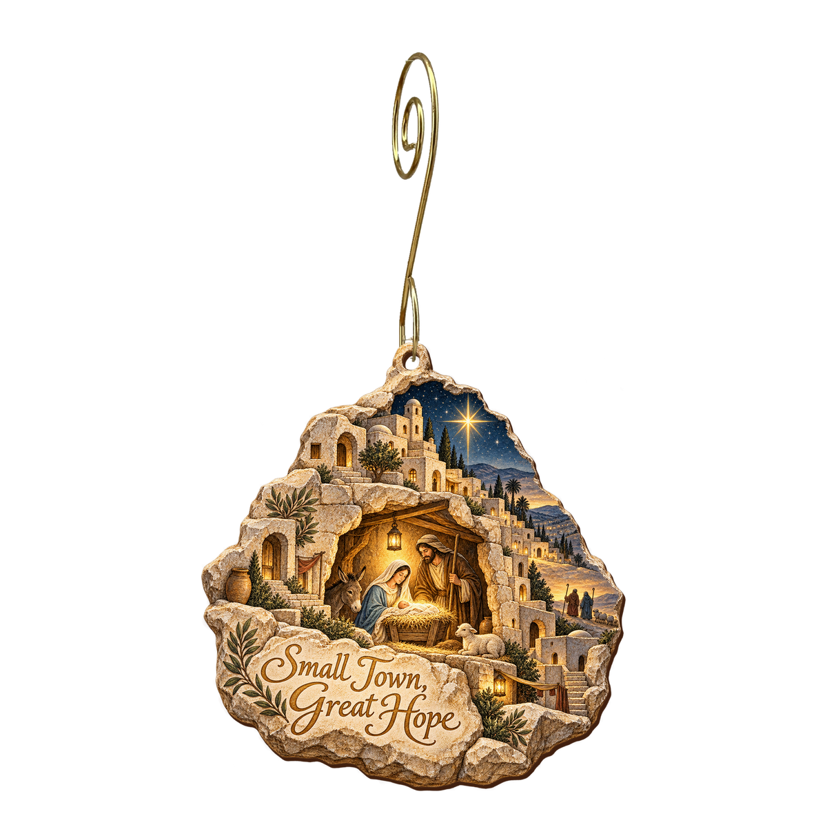 O761 — The Little Town in a Stone wooden Nativity ornament with gold spiral hook