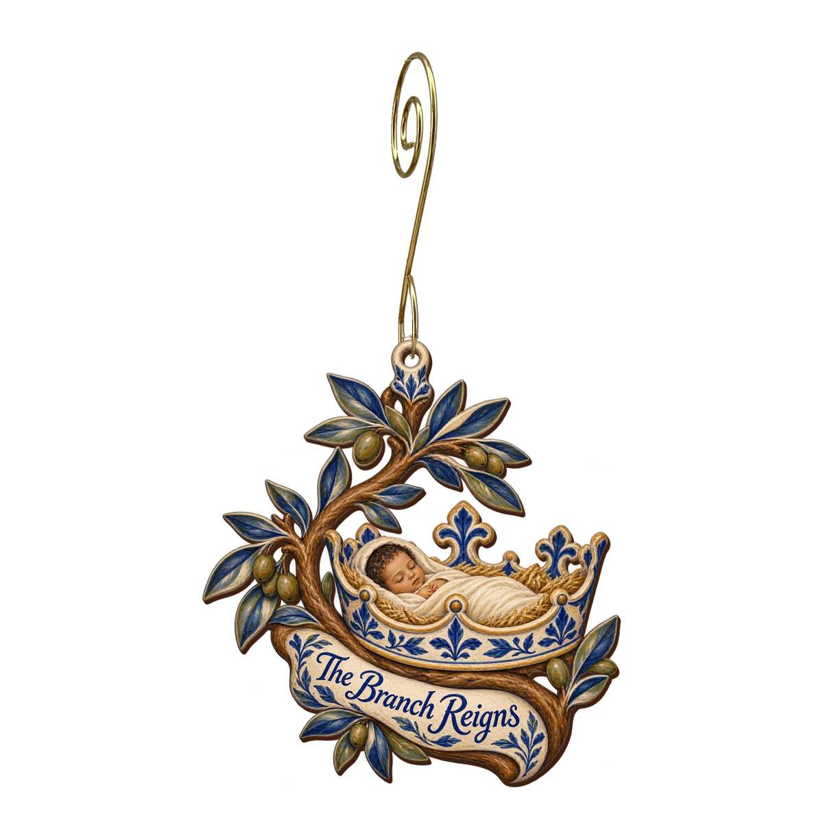 O762 — Crown on the Living Branch wooden Nativity ornament with gold spiral hook