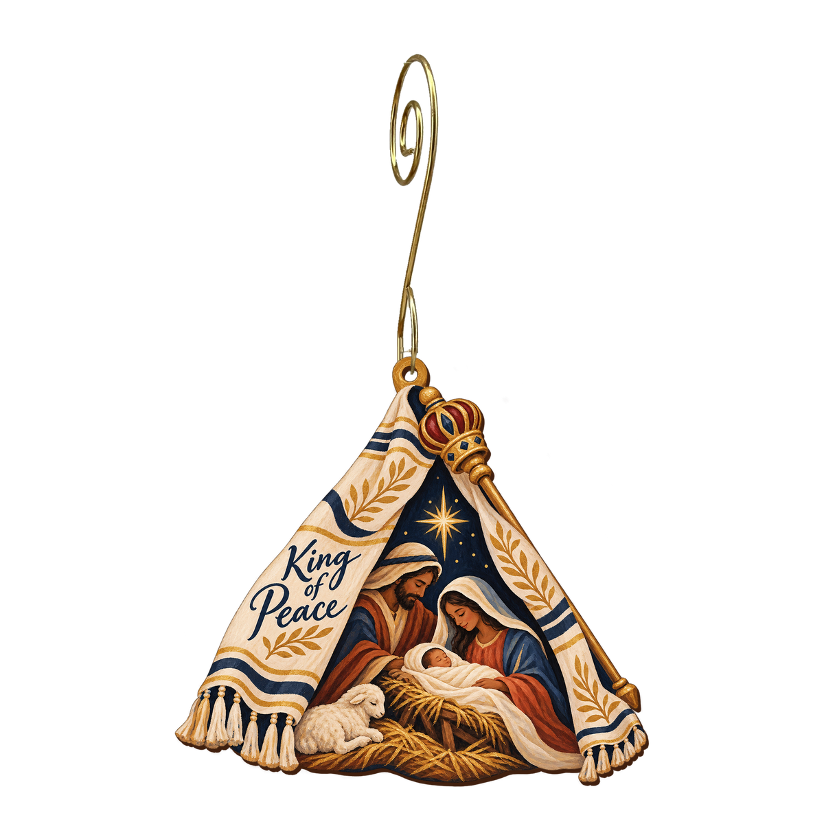 O763 — Two Offices, One Cradle wooden Nativity ornament with gold spiral hook