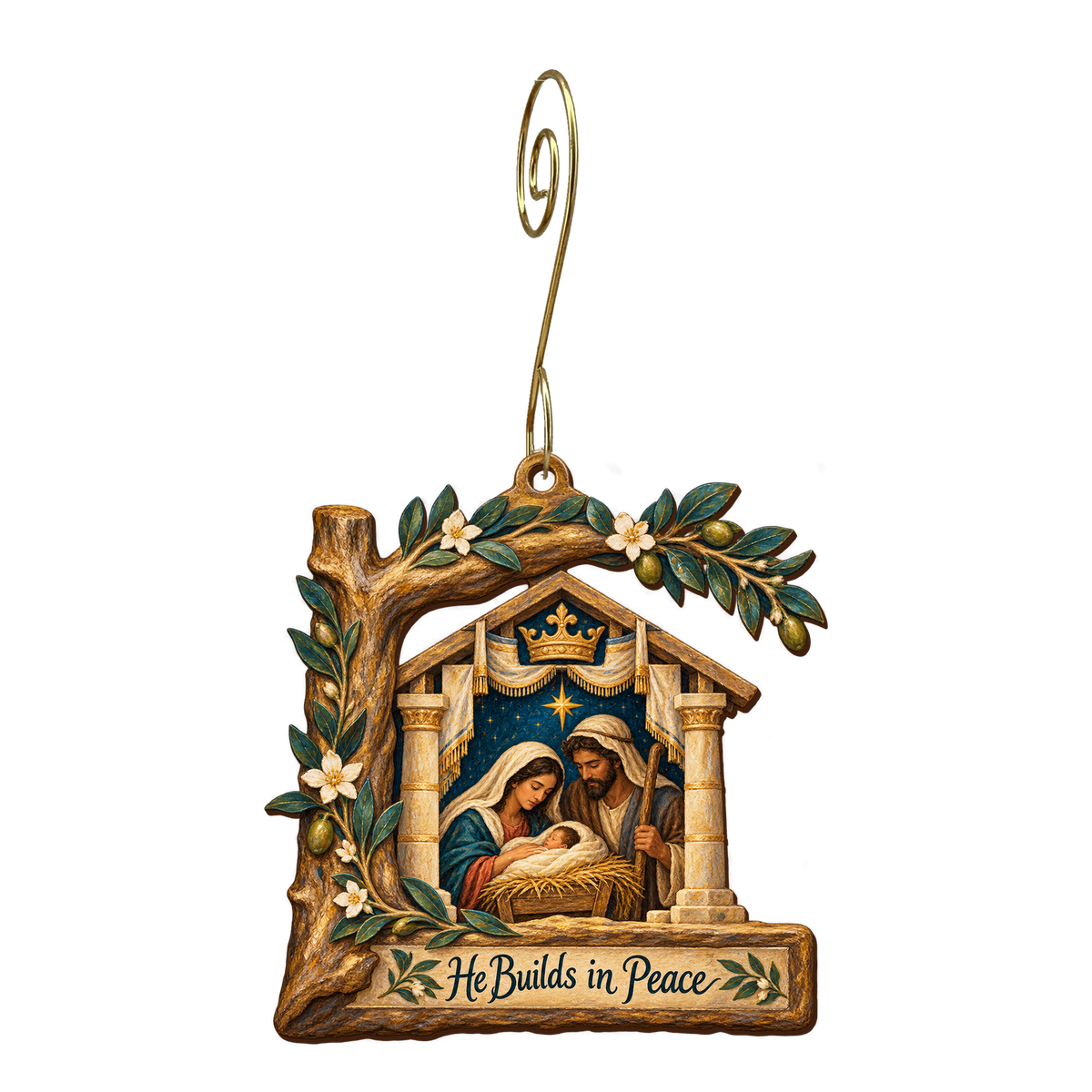 O764 — The Builder's Branch wooden Nativity ornament with gold spiral hook
