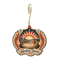 O765 — The Winged Dawn wooden Nativity ornament with gold spiral hook