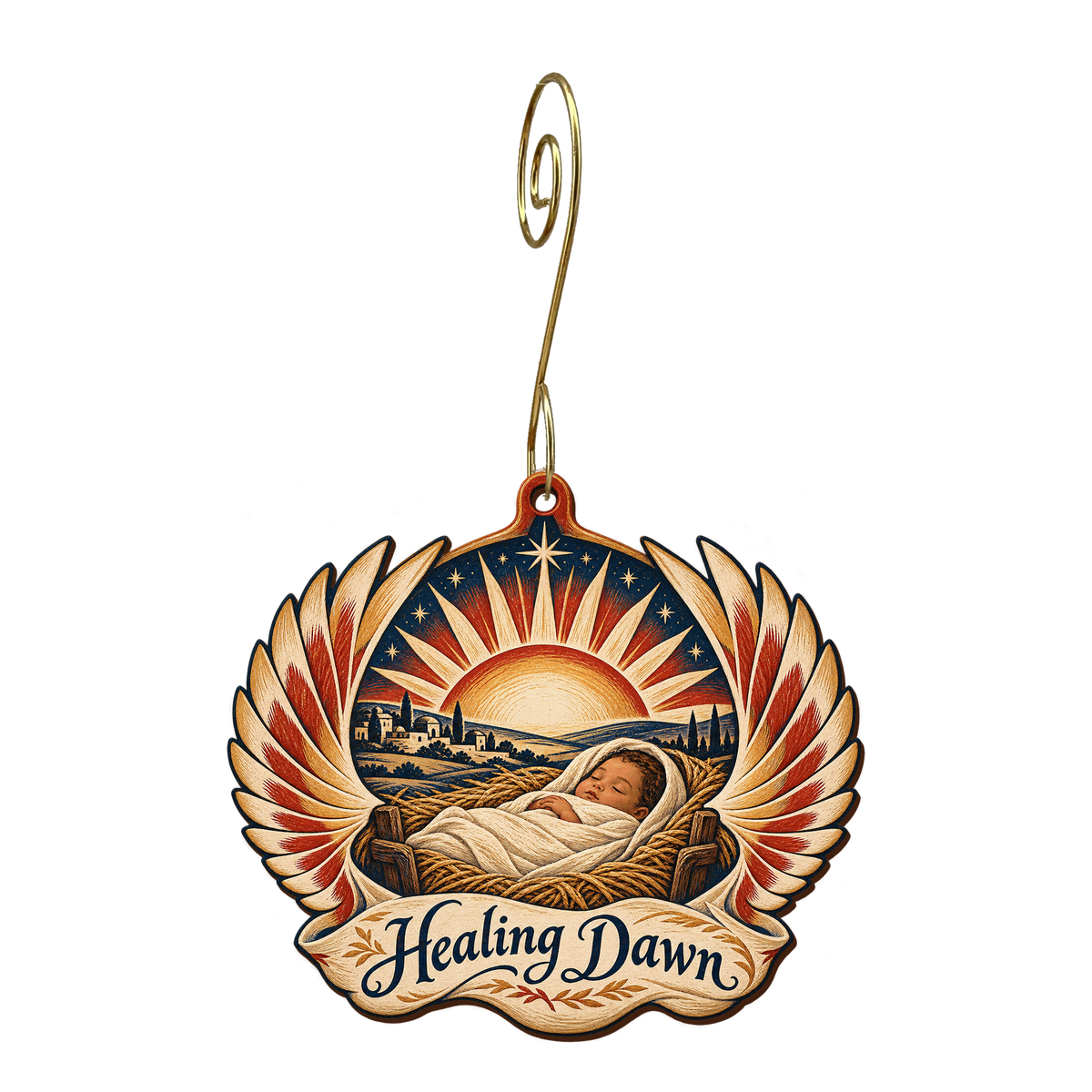 O765 — The Winged Dawn wooden Nativity ornament with gold spiral hook