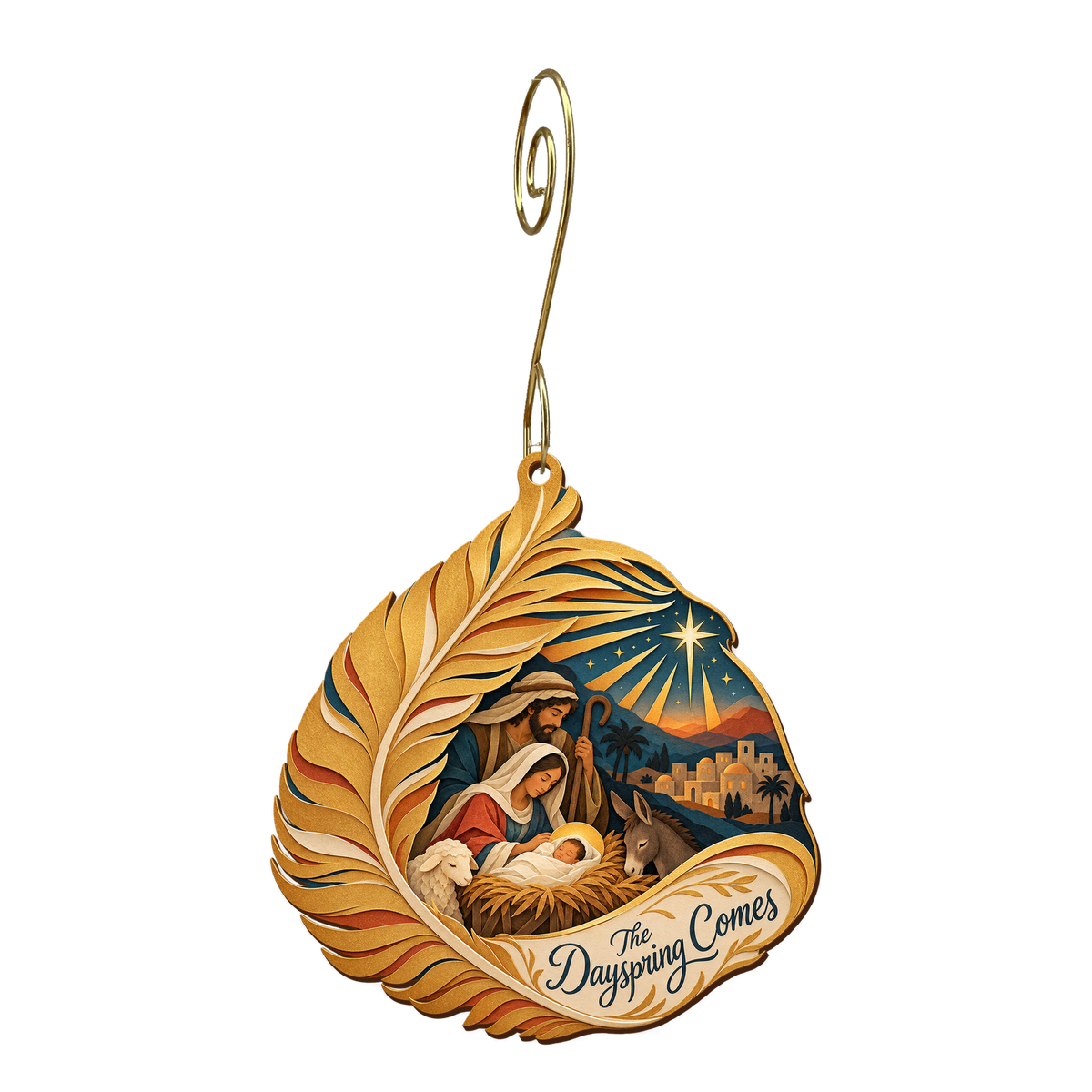 O766 — Sunrise in the Feather wooden Nativity ornament with gold spiral hook