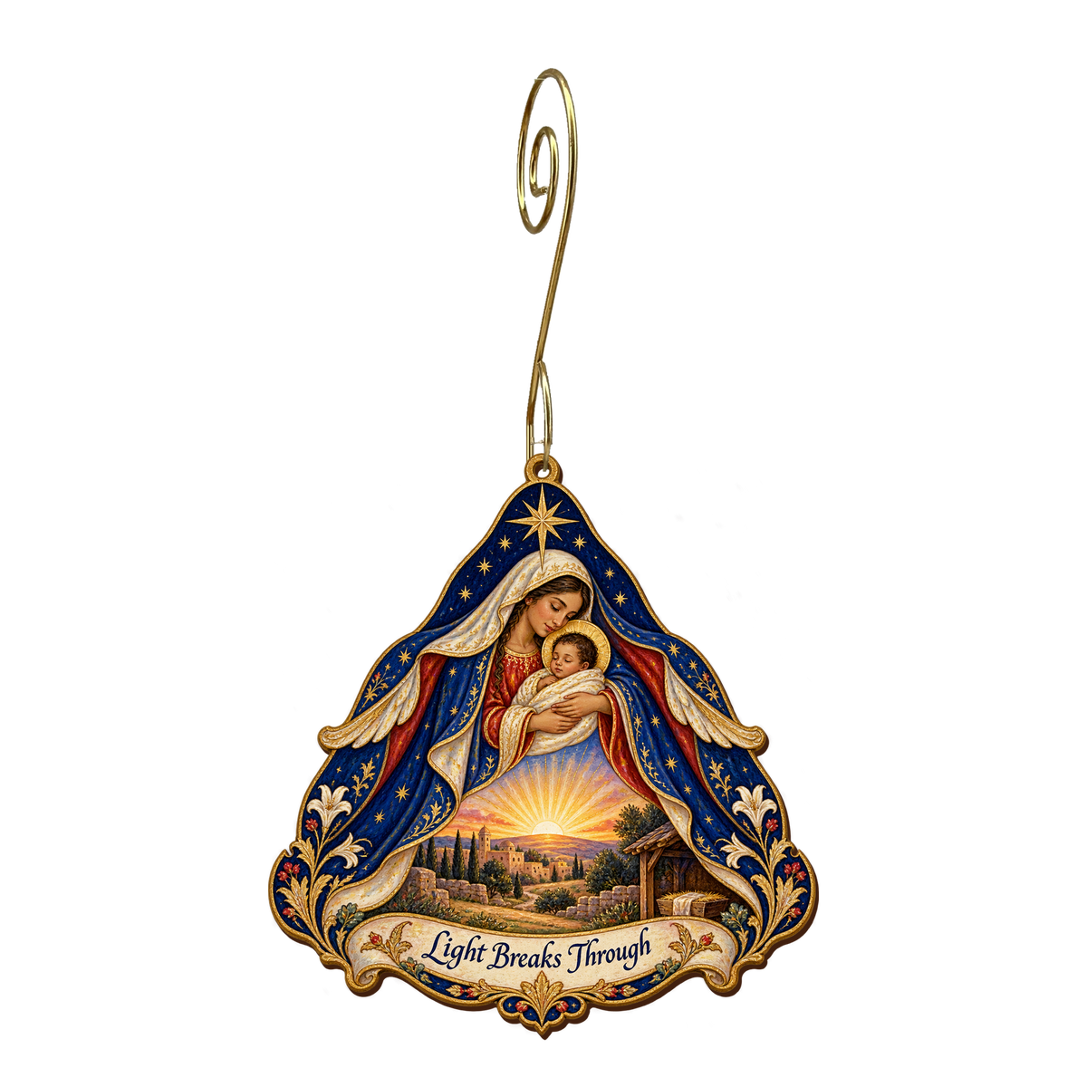 O767 — Morning Opens the Cloak wooden Nativity ornament with gold spiral hook
