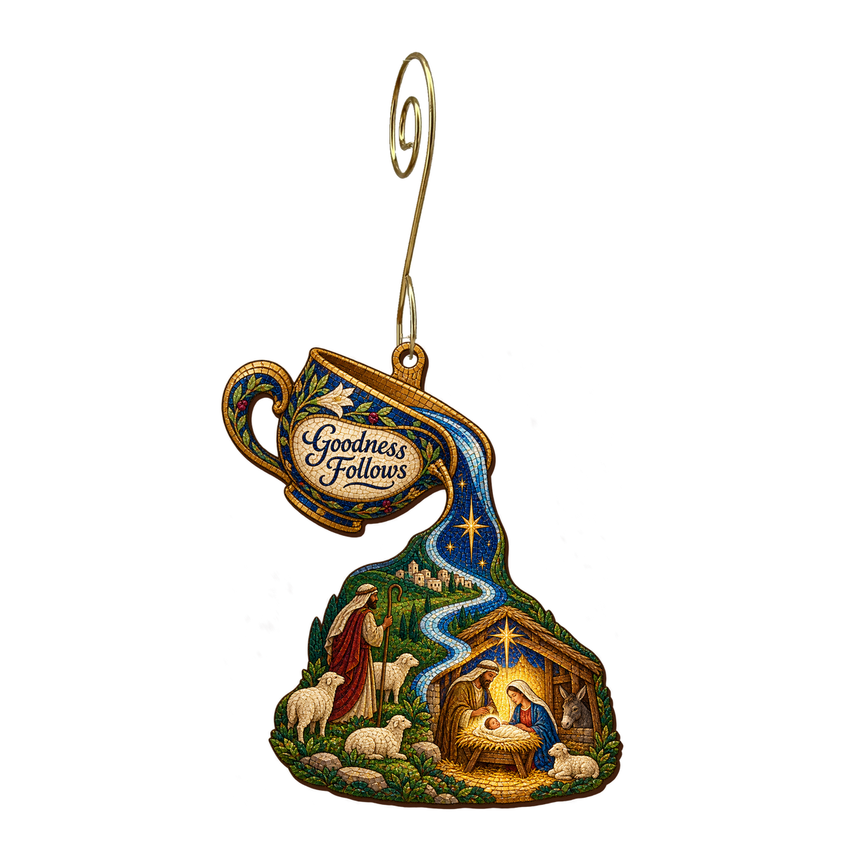 O769 — The Overflowing Cup's Path wooden Nativity ornament with gold spiral hook