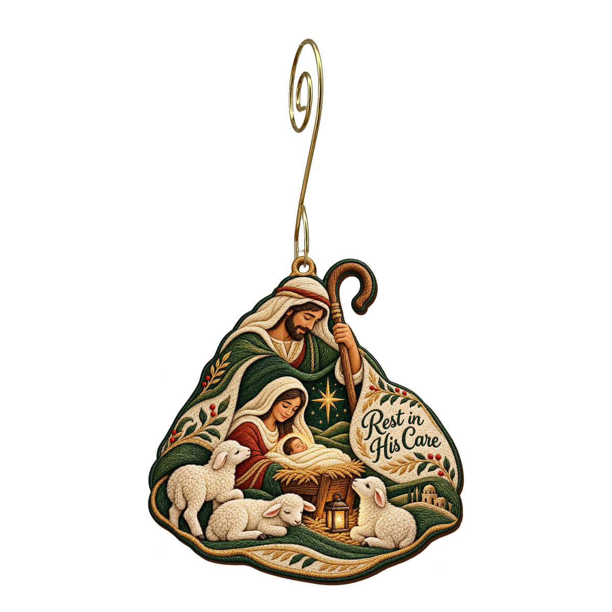 O770 — Green Pasture Mantle wooden Nativity ornament with gold spiral hook