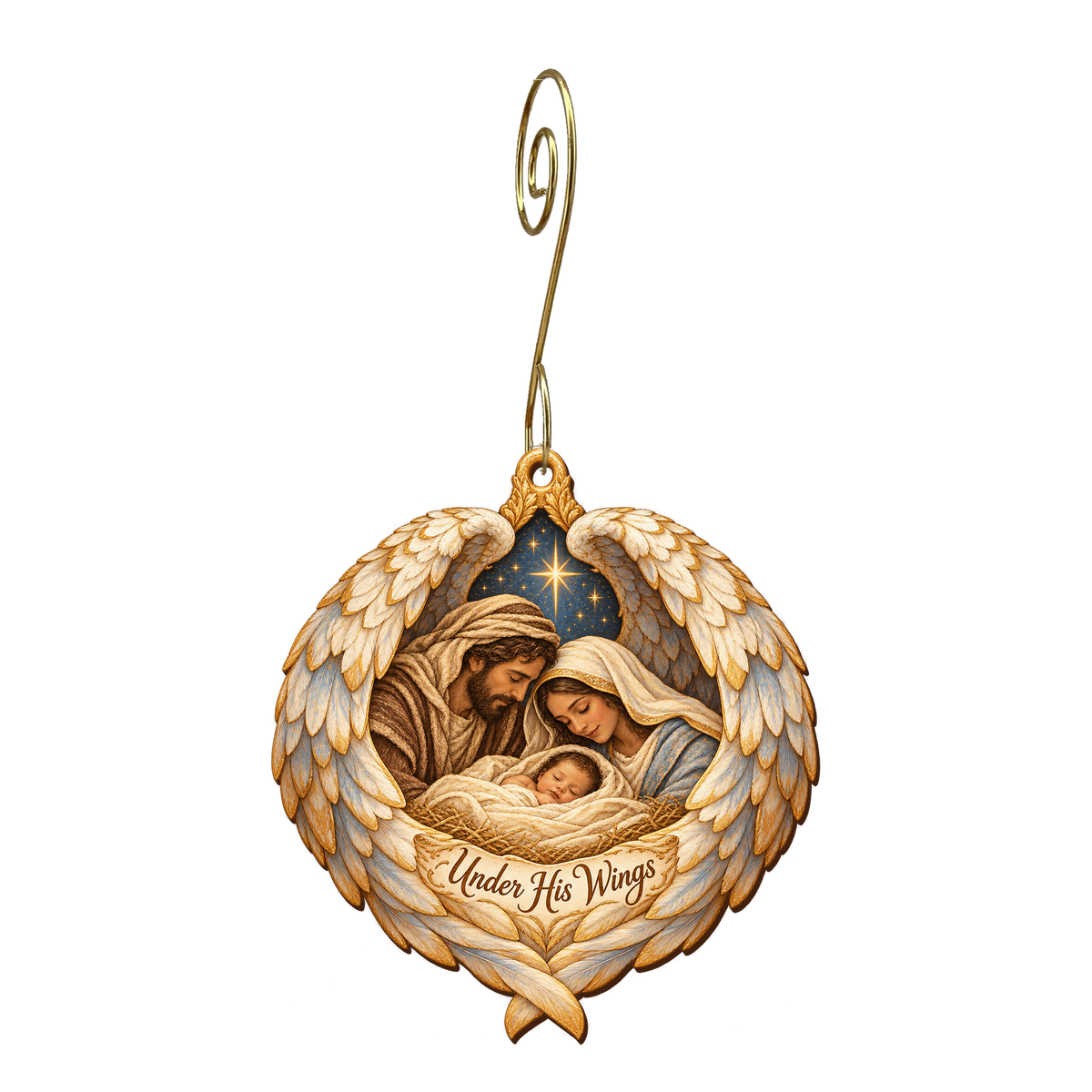 O771 — Feathers of Refuge wooden Nativity ornament with gold spiral hook