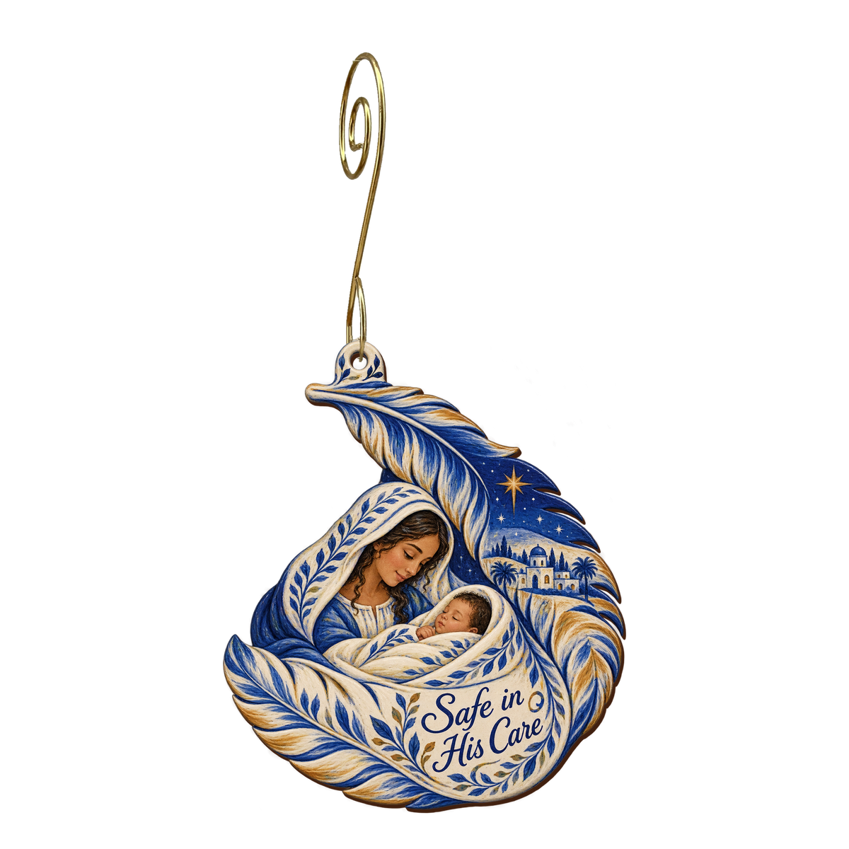 O772 — Sheltered in the Fold wooden Nativity ornament with gold spiral hook