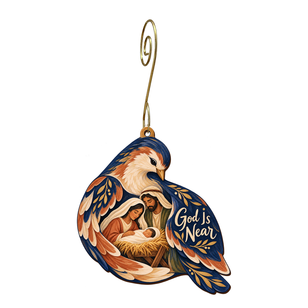 O773 — The Secret Place wooden Nativity ornament with gold spiral hook