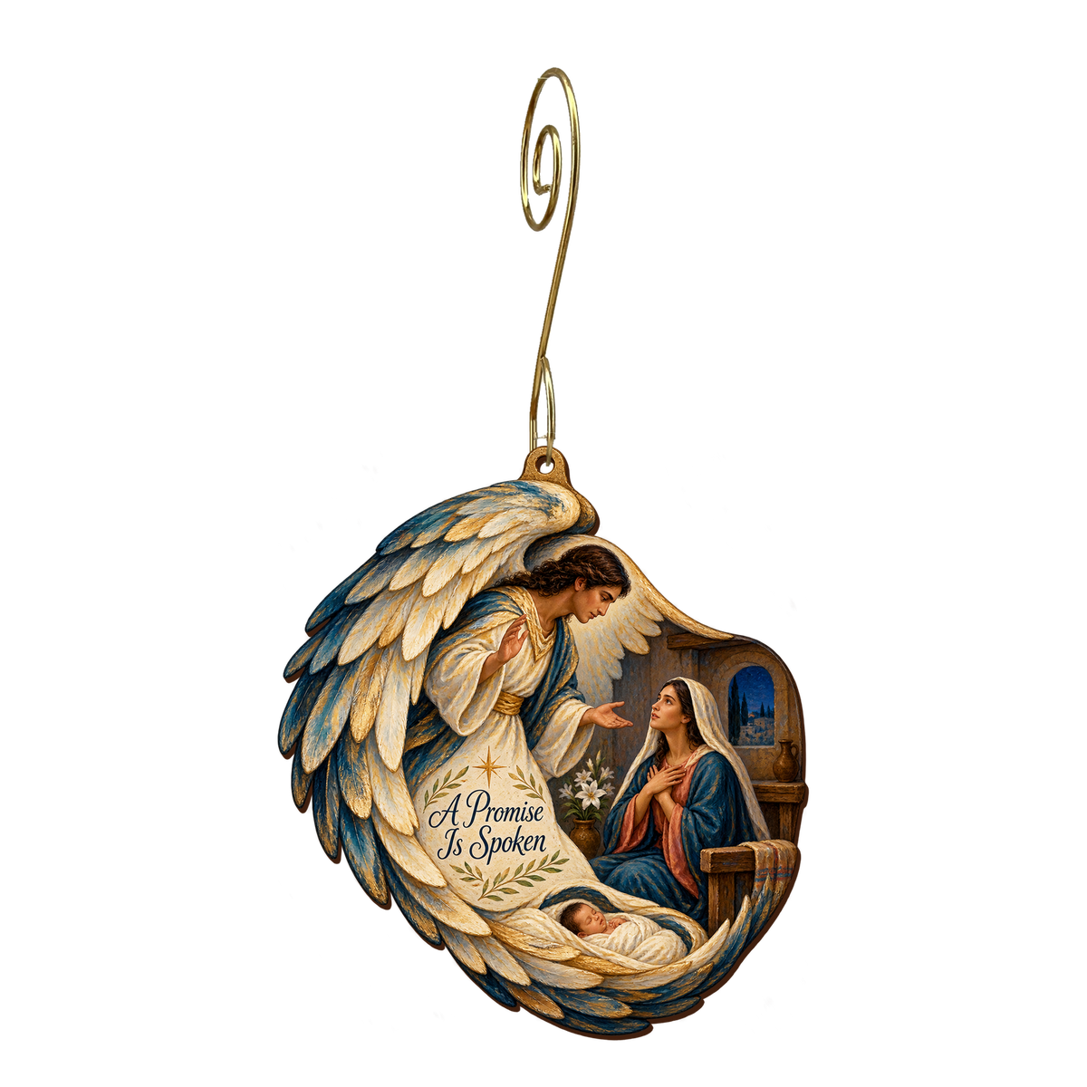 O774 — The Messenger's Folded Wing wooden Nativity ornament with gold spiral hook