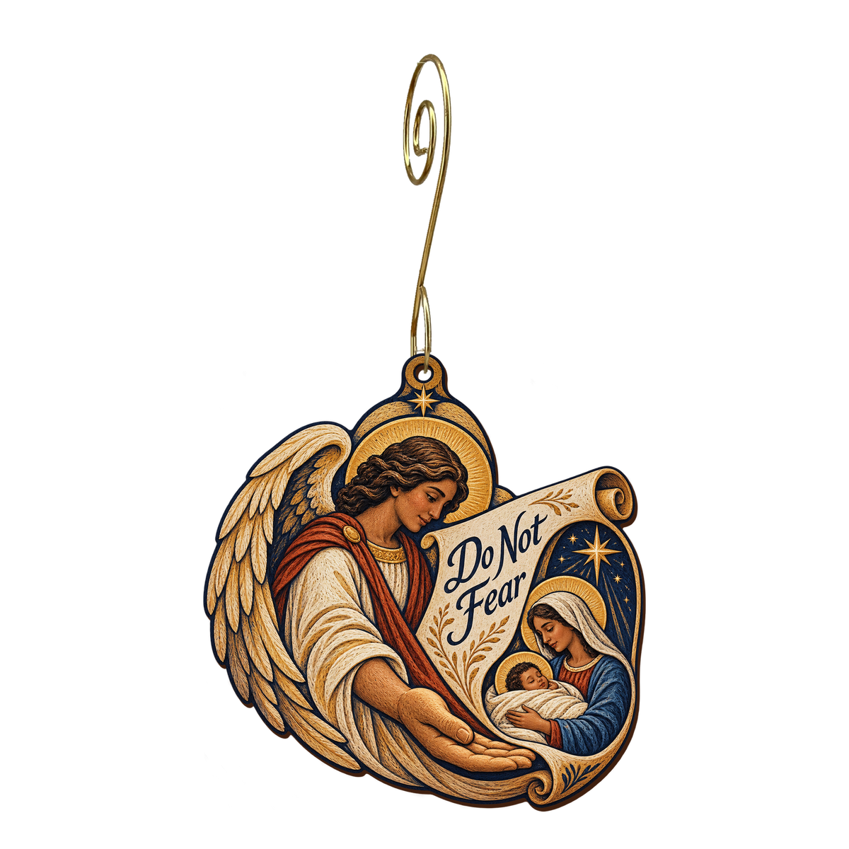 O775 — The Open Palm's Message wooden Nativity ornament with gold spiral hook