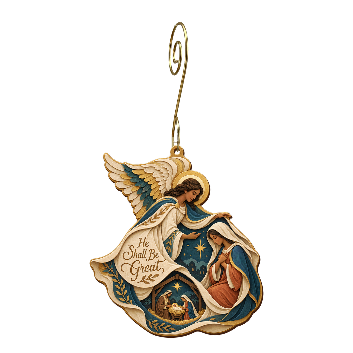 O776 — The Herald's Mantle wooden Nativity ornament with gold spiral hook