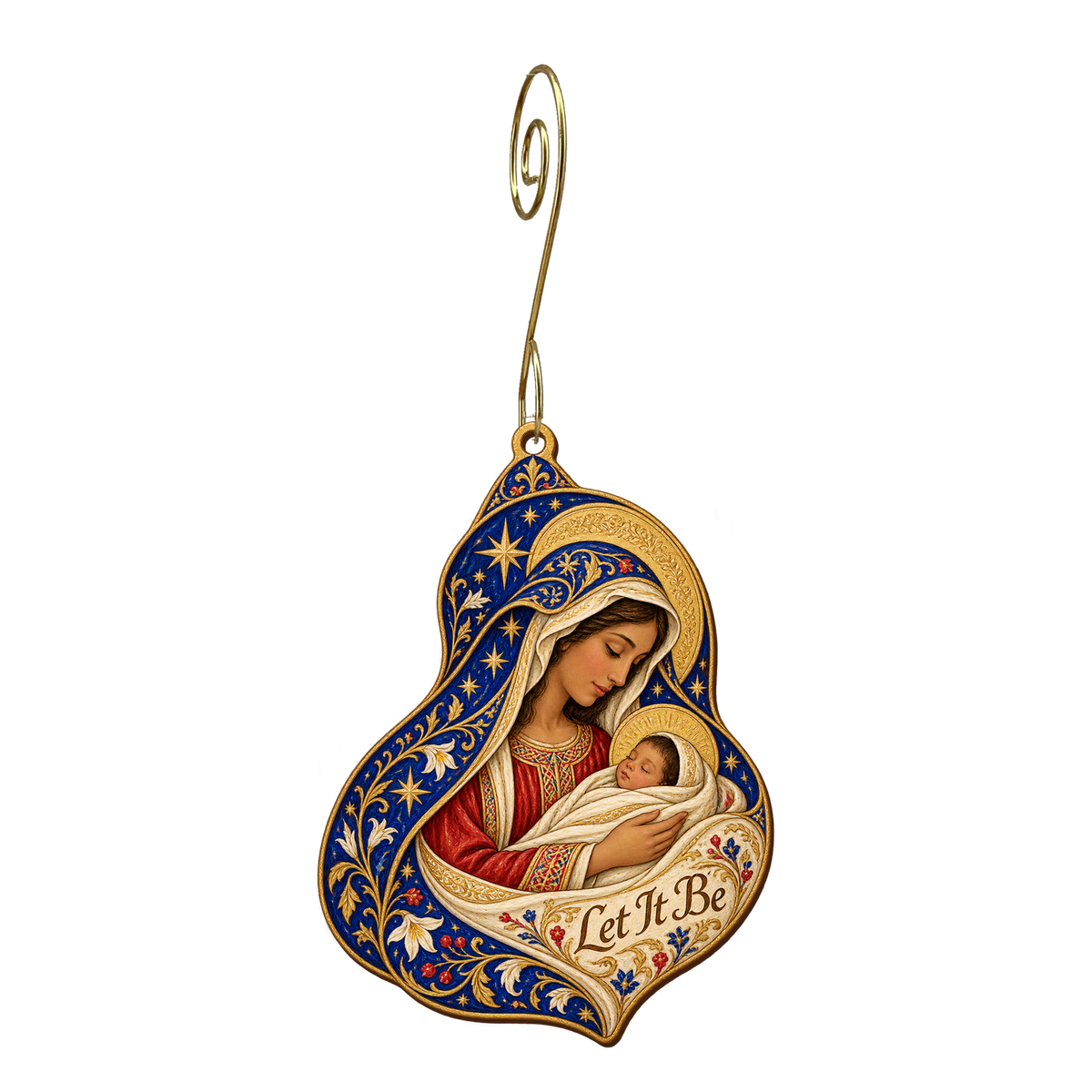 O777 — The Veil of Yes wooden Nativity ornament with gold spiral hook