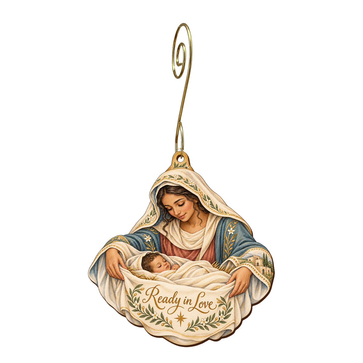 O778 — The Willing Hands wooden Nativity ornament with gold spiral hook