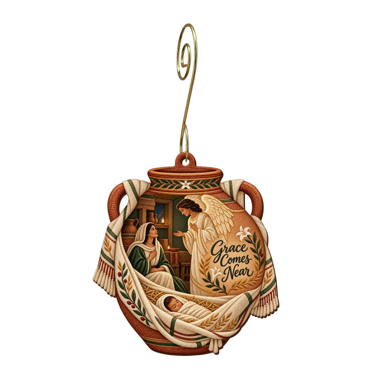 O780 — Mary's Water Jar wooden Nativity ornament with gold spiral hook