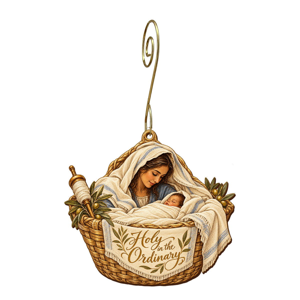 O781 — The Household Basket wooden Nativity ornament with gold spiral hook