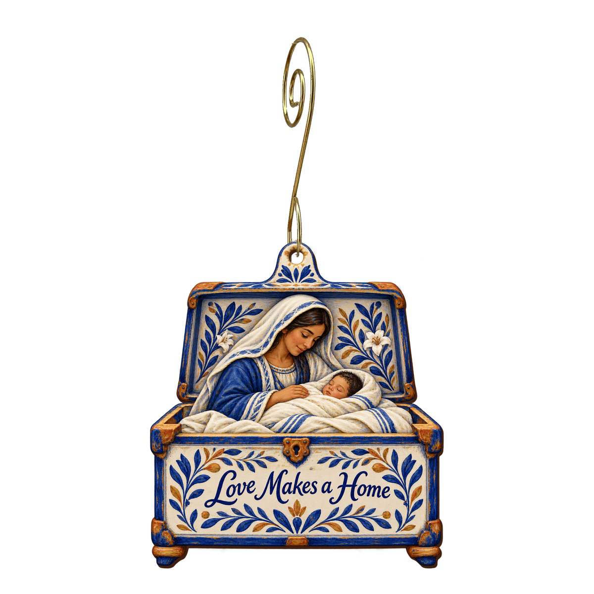 O782 — The Linen Chest wooden Nativity ornament with gold spiral hook