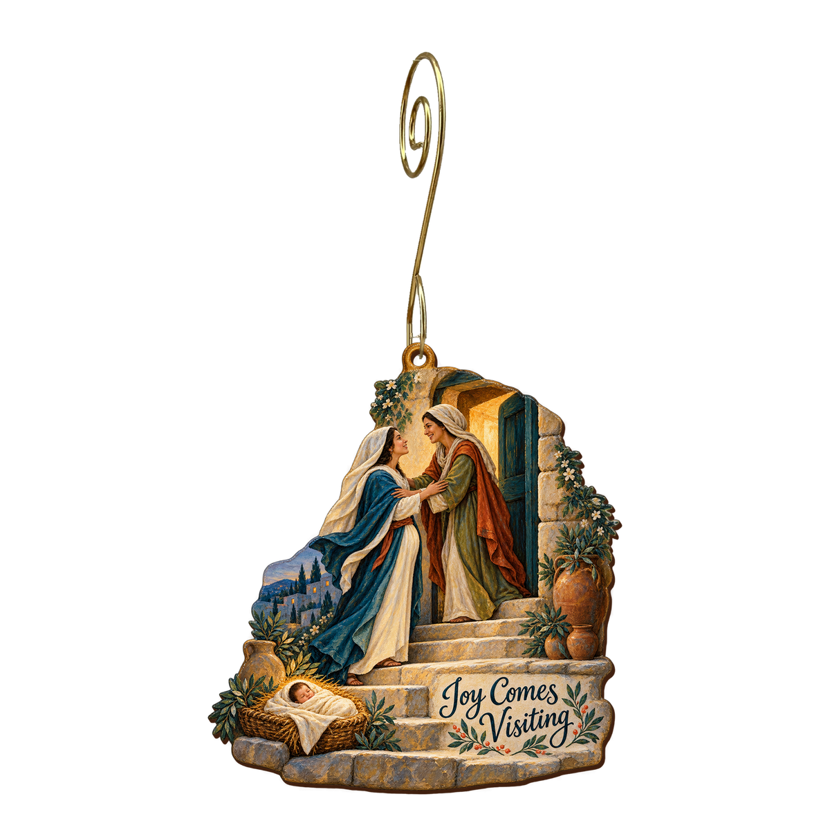 O784 — The Hill Country Steps wooden Nativity ornament with gold spiral hook