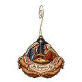 O785 — The Greeting Hands wooden Nativity ornament with gold spiral hook