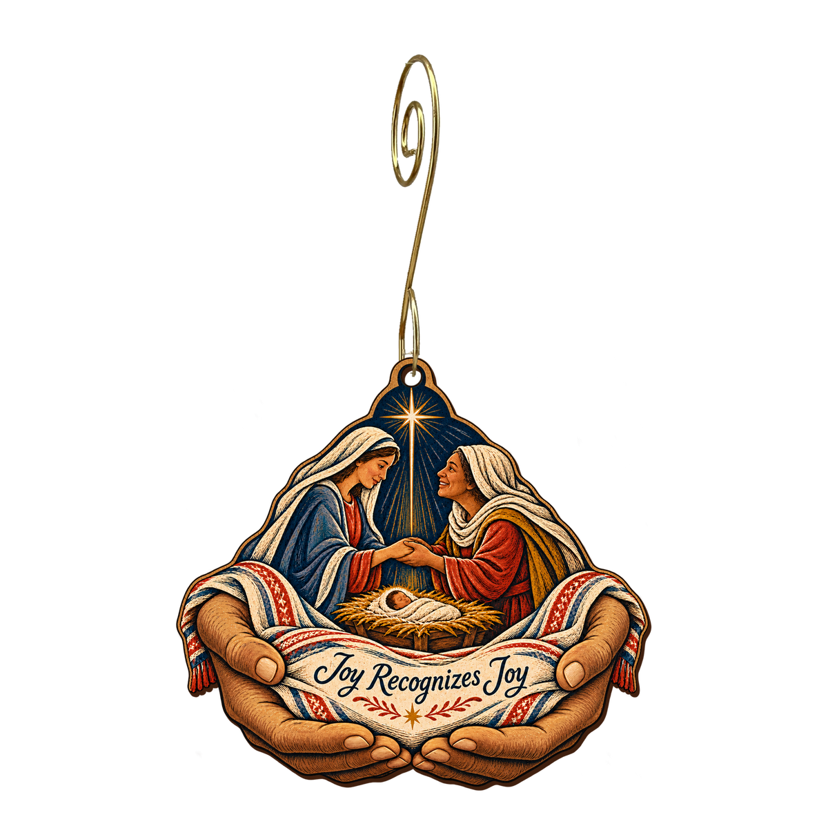 O785 — The Greeting Hands wooden Nativity ornament with gold spiral hook