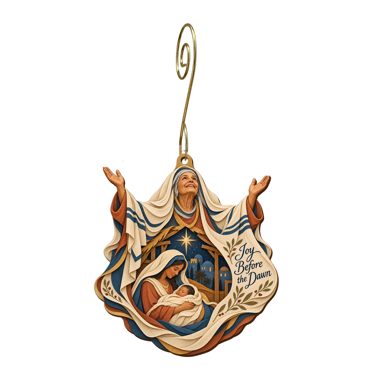 O786 — The Joyful Shawl wooden Nativity ornament with gold spiral hook