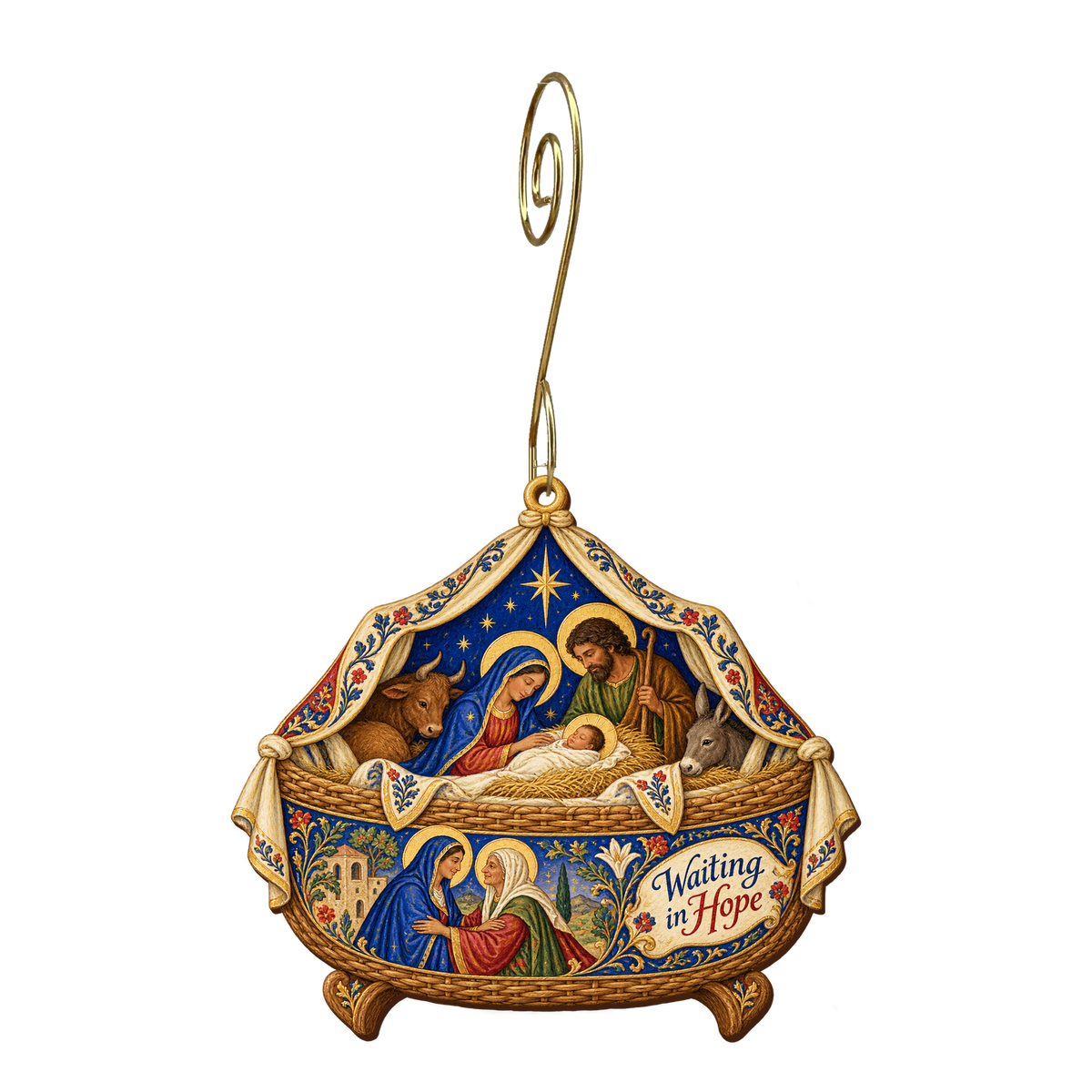 O787 — The Cradle of Expectation wooden Nativity ornament with gold spiral hook