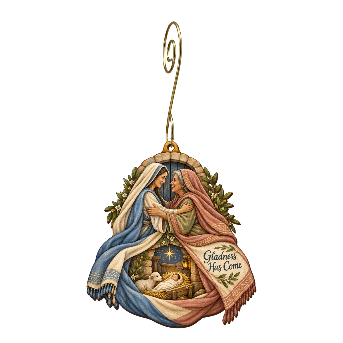 O788 — The House of Gladness wooden Nativity ornament with gold spiral hook