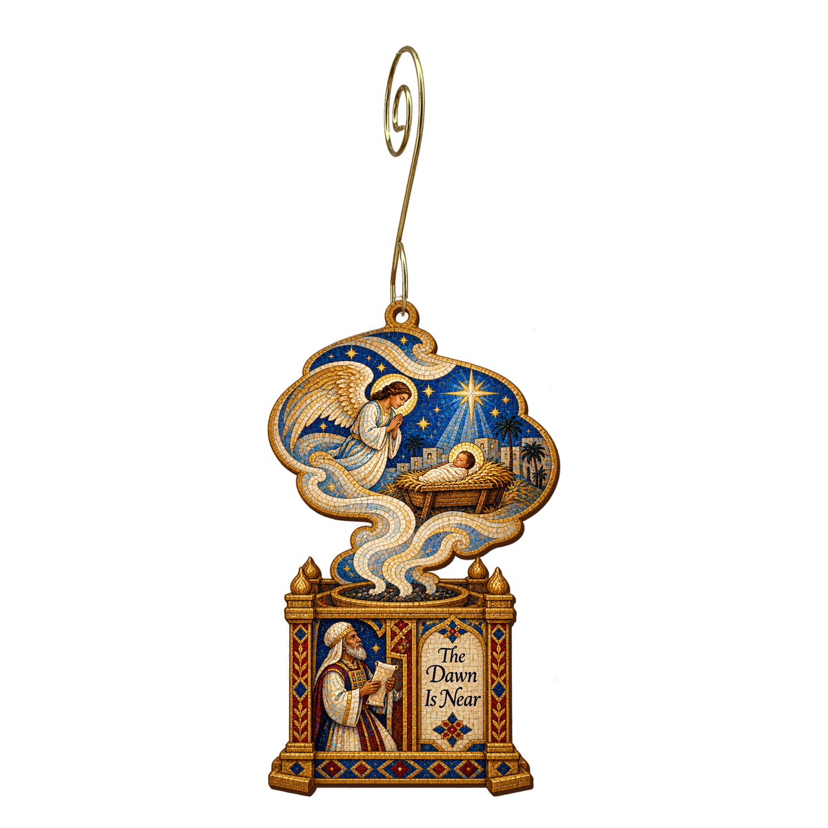 O789 — Incense Altar at Dawn wooden Nativity ornament with gold spiral hook