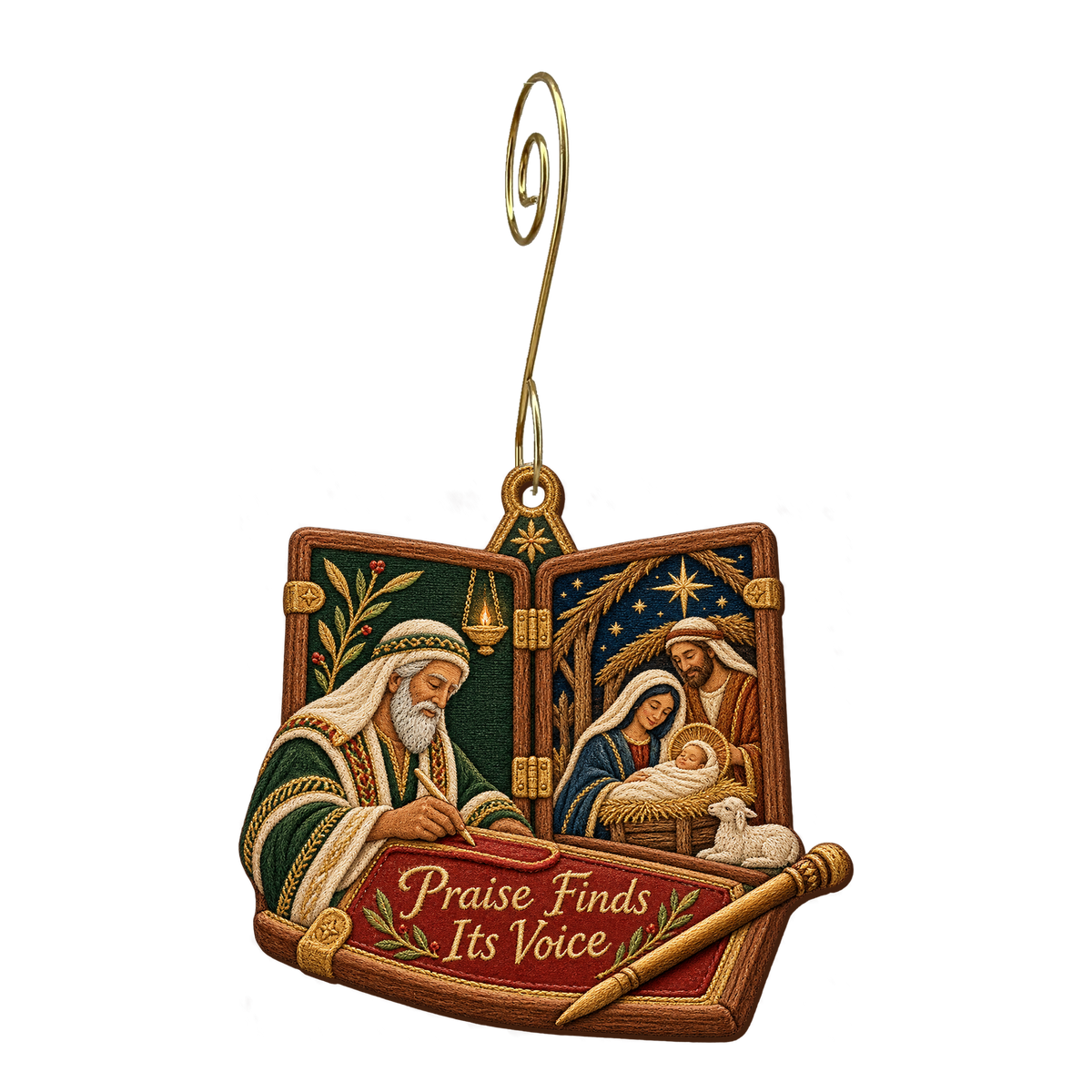 O790 — The Stylus of Praise wooden Nativity ornament with gold spiral hook