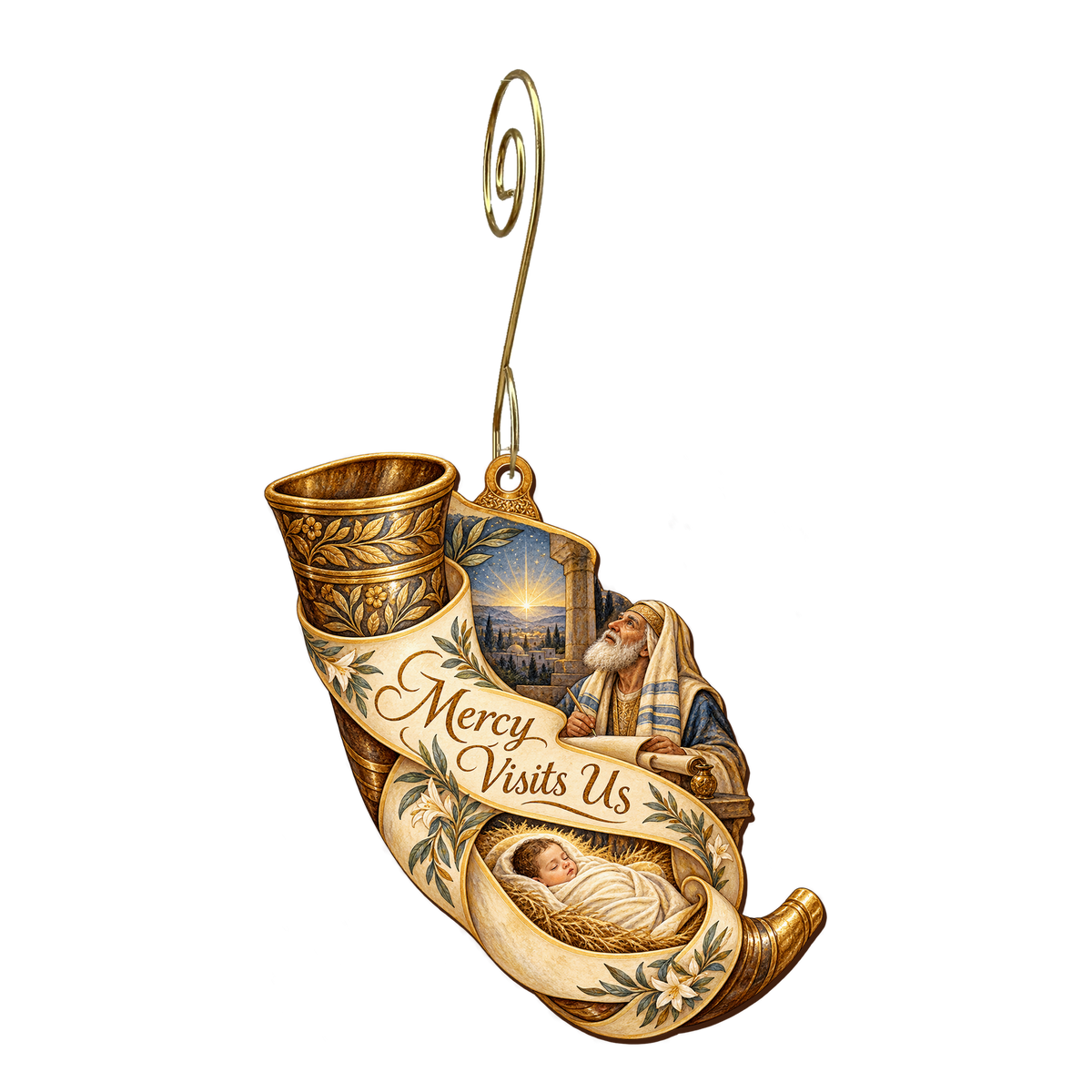 O791 — The Song in the Horn wooden Nativity ornament with gold spiral hook