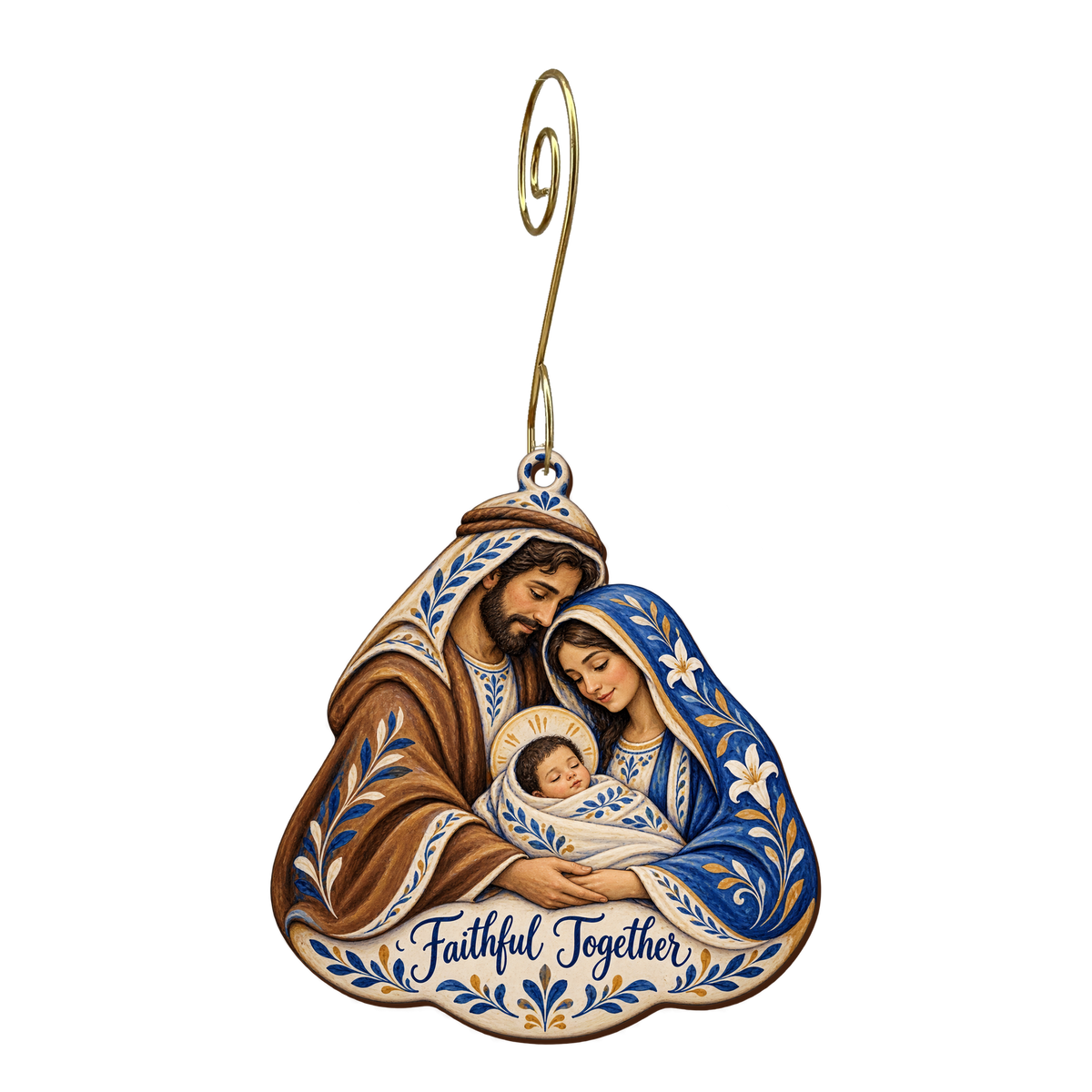O792 — The Joined Cloaks wooden Nativity ornament with gold spiral hook