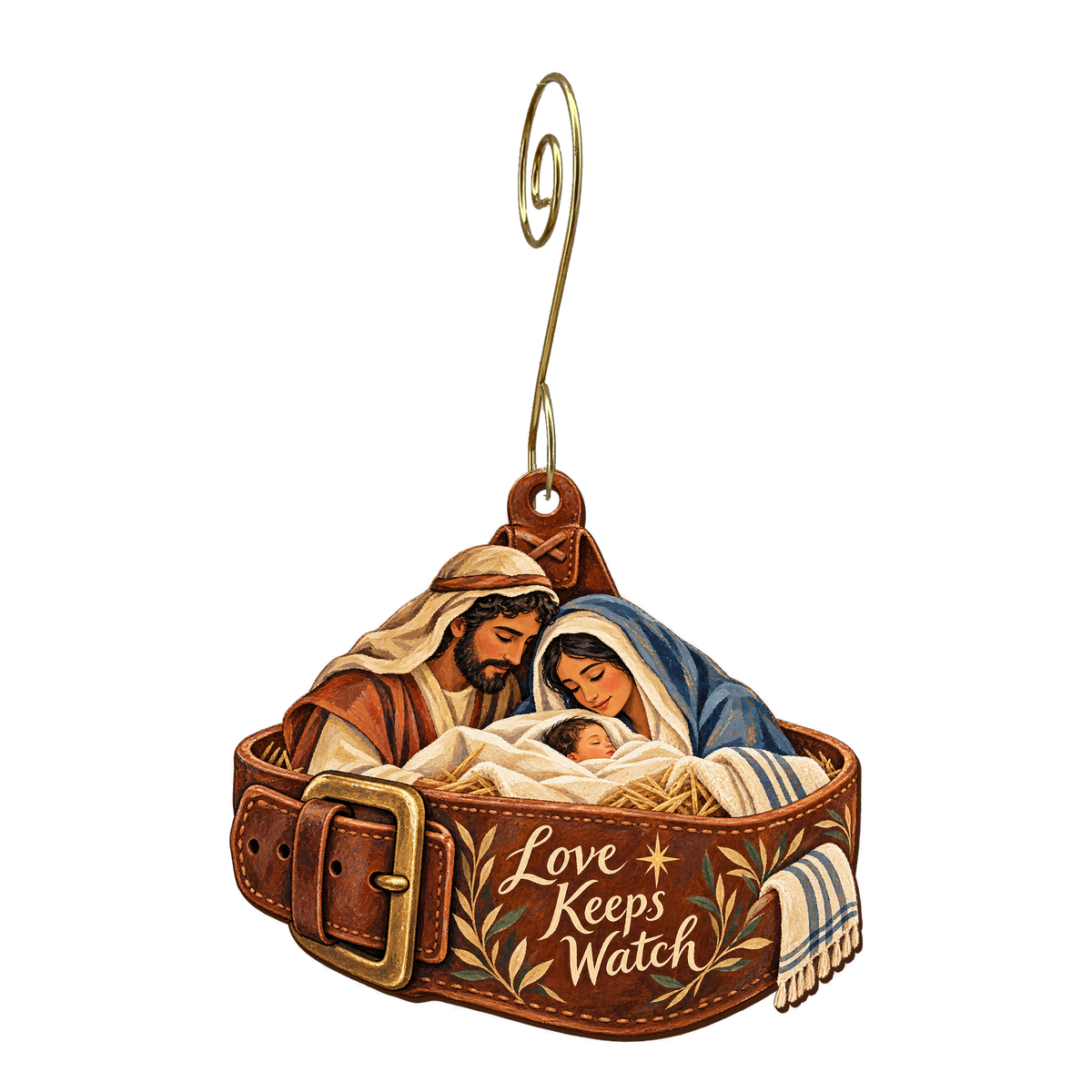 O793 — The Guardian's Belt wooden Nativity ornament with gold spiral hook