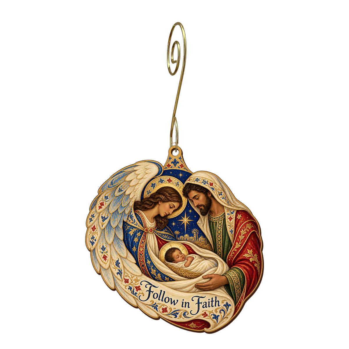 O795 — The Dream's Guiding Hand wooden Nativity ornament with gold spiral hook