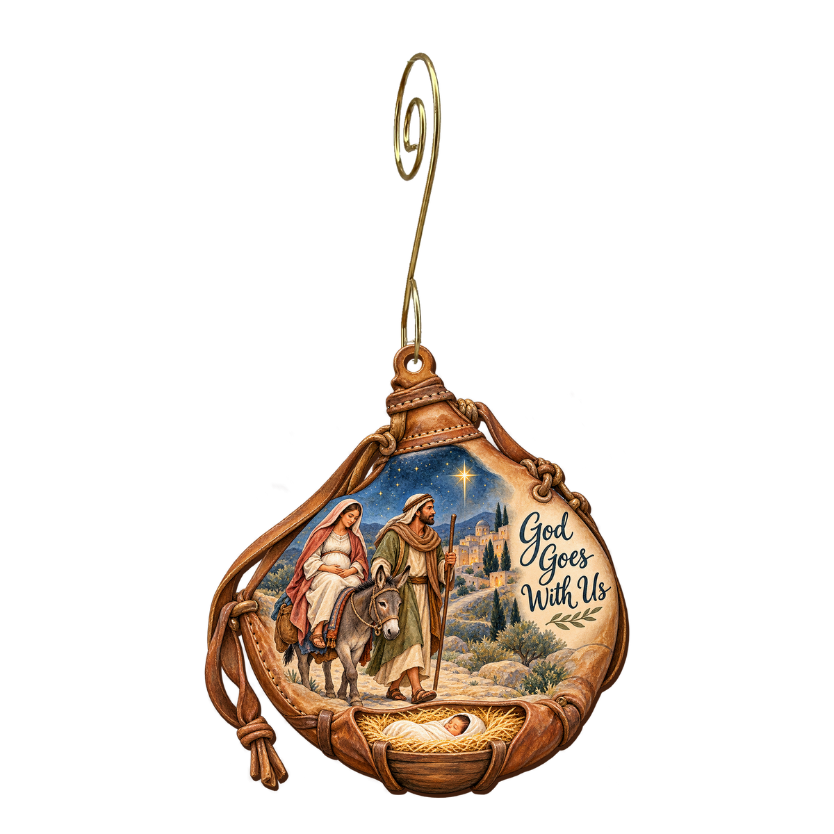O796 — Waterskin on the Bethlehem Road wooden Nativity ornament with gold spiral hook