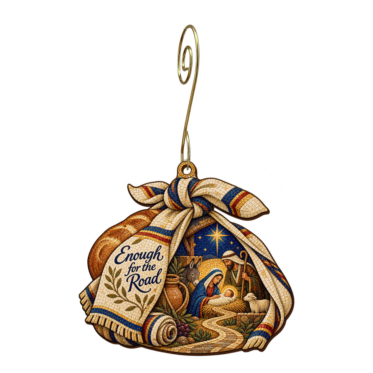 O797 — The Journey Bread Bundle wooden Nativity ornament with gold spiral hook