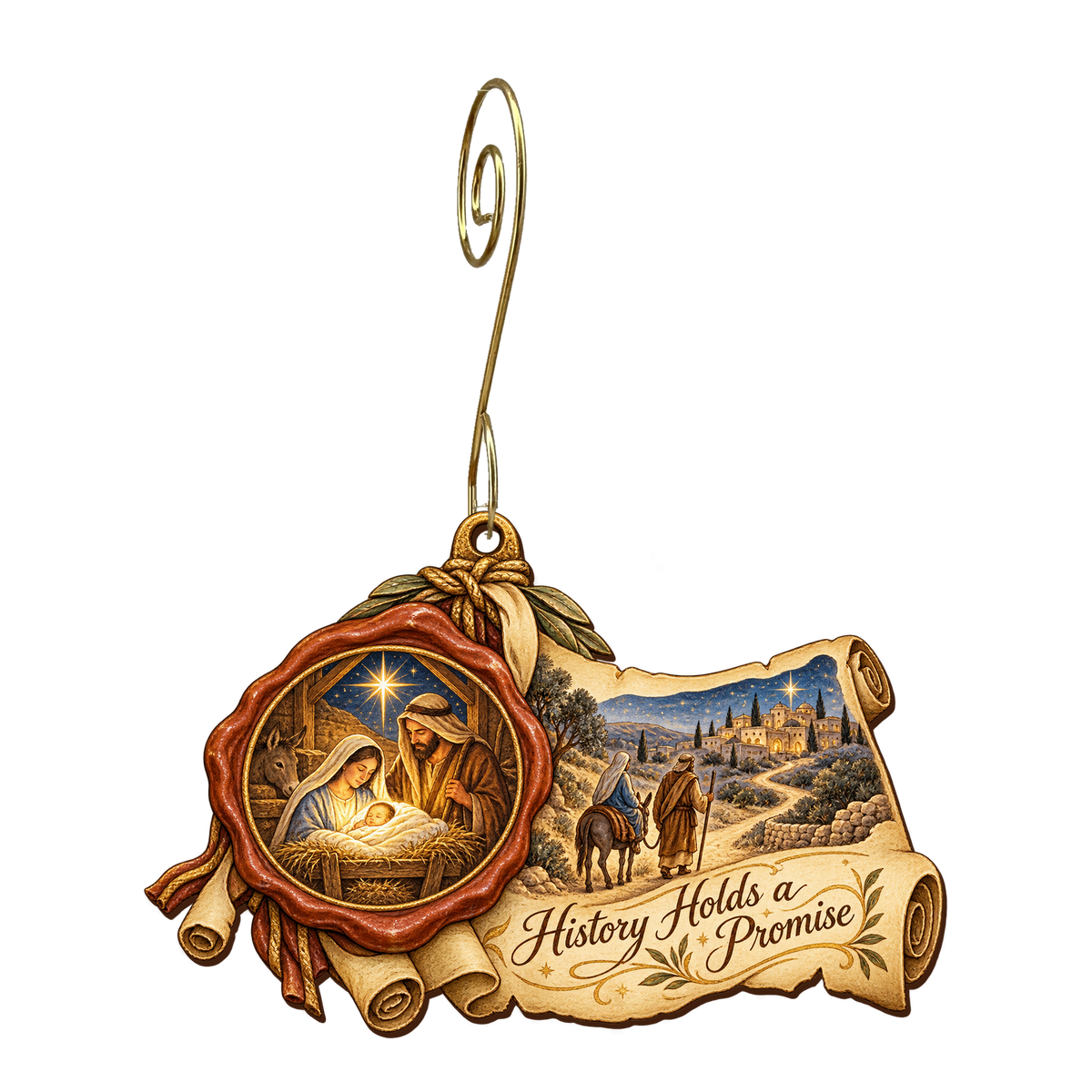 O799 — The Census Seal wooden Nativity ornament with gold spiral hook