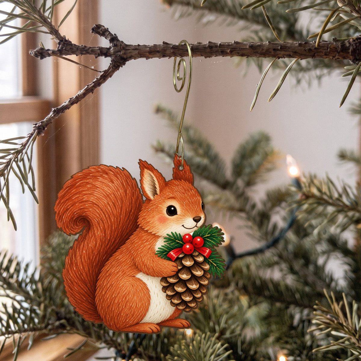 Laser-cut maple wood Christmas ornament O7 hanging on a fir branch, made in USA