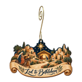 O801 — The Road in the Ledger Scroll wooden Nativity ornament with gold spiral hook