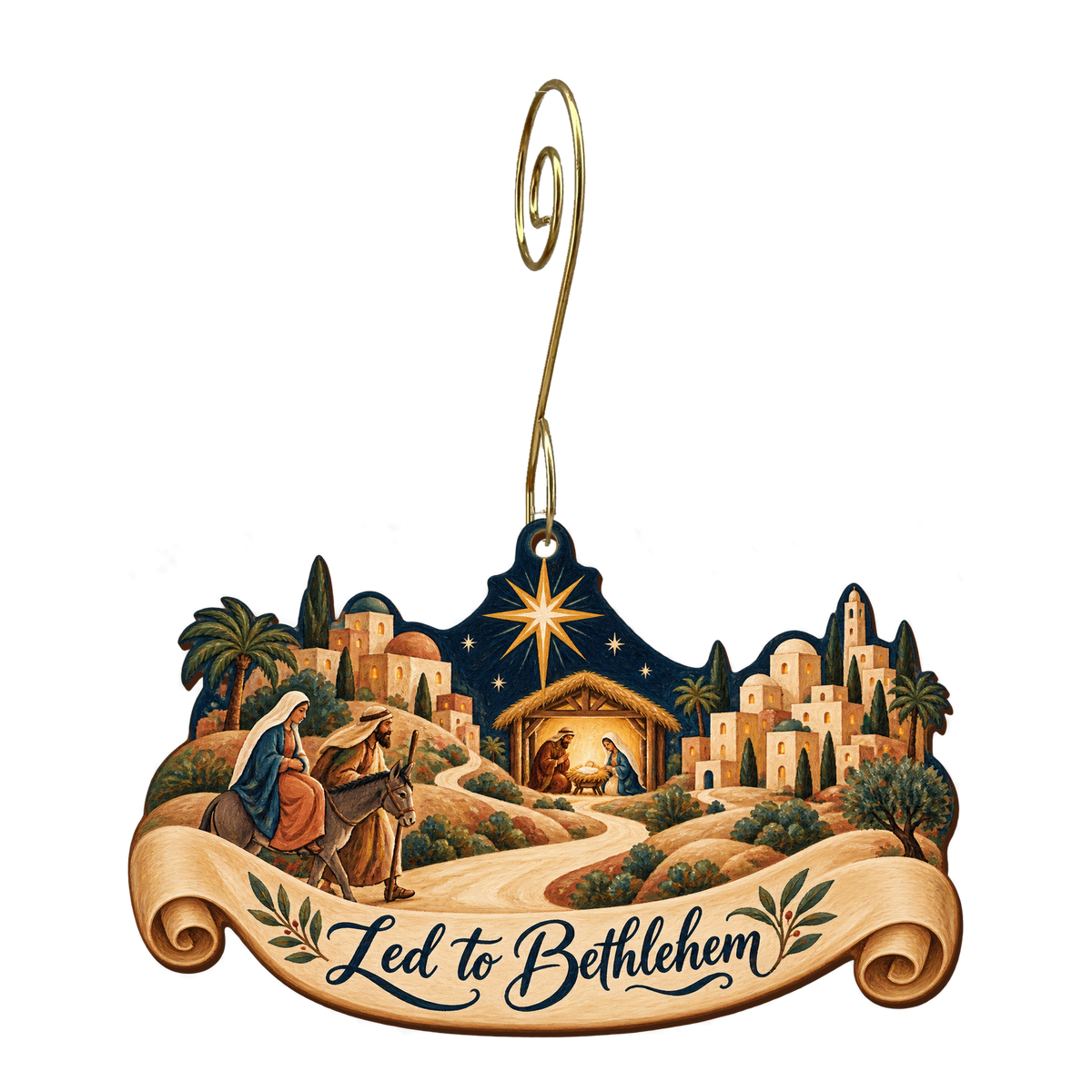 O801 — The Road in the Ledger Scroll wooden Nativity ornament with gold spiral hook