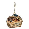 O802 — The Limestone Cradle wooden Nativity ornament with gold spiral hook