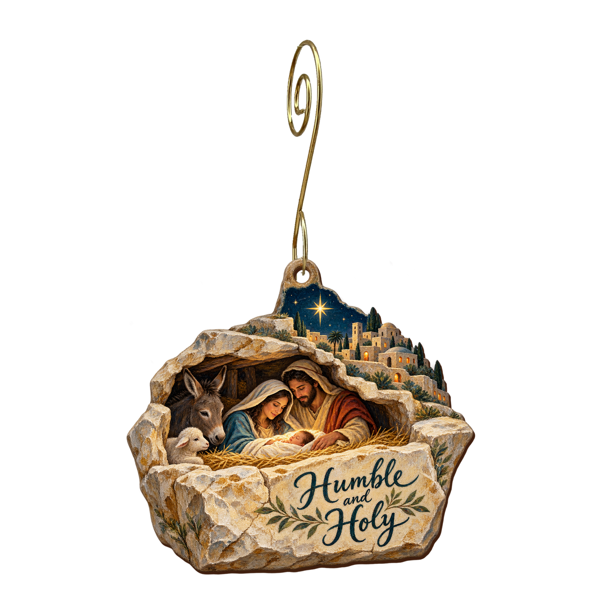 O802 — The Limestone Cradle wooden Nativity ornament with gold spiral hook