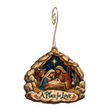 O803 — The Cave's Open Fold wooden Nativity ornament with gold spiral hook