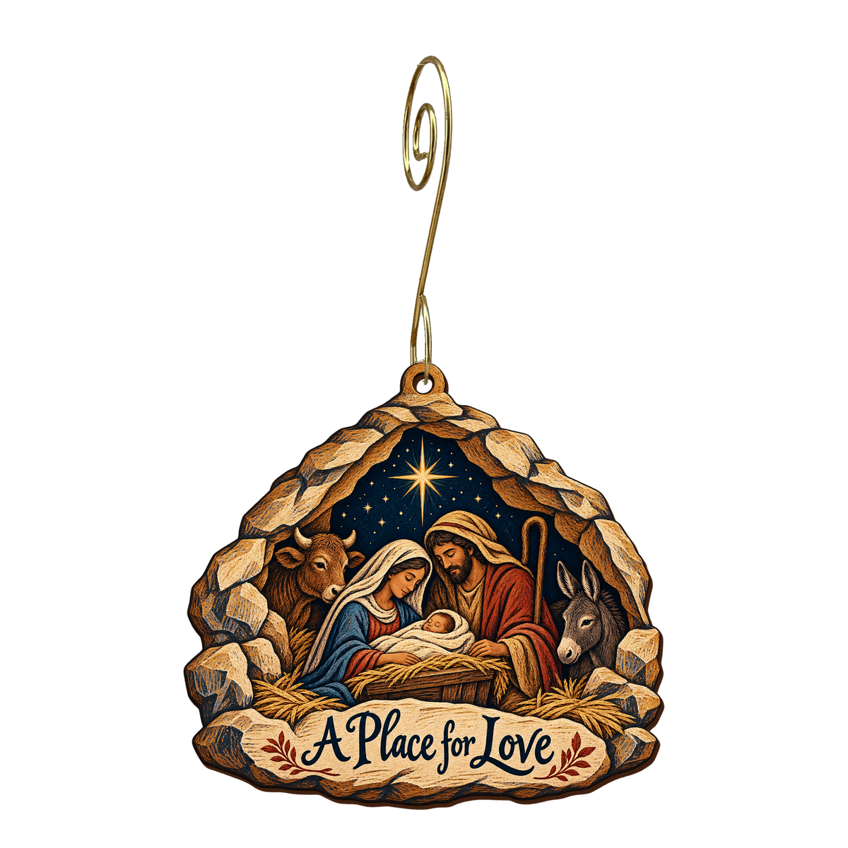 O803 — The Cave's Open Fold wooden Nativity ornament with gold spiral hook