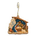 O804 — The Borrowed Shelter wooden Nativity ornament with gold spiral hook