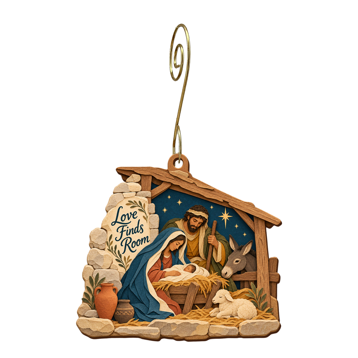 O804 — The Borrowed Shelter wooden Nativity ornament with gold spiral hook
